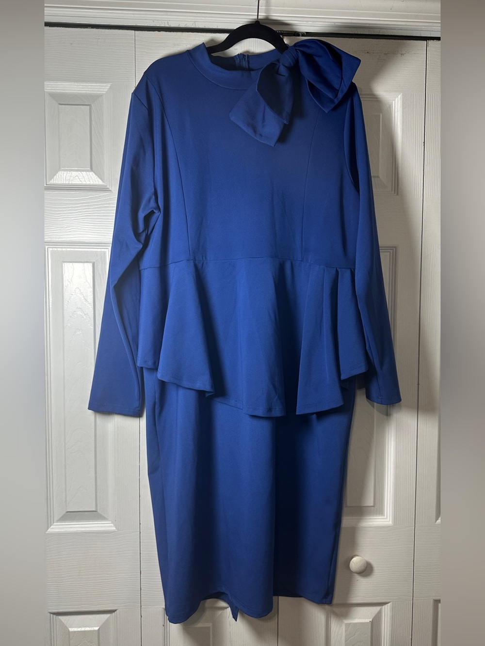 Elegant Royal Blue Peplum Dress with Bow Detail